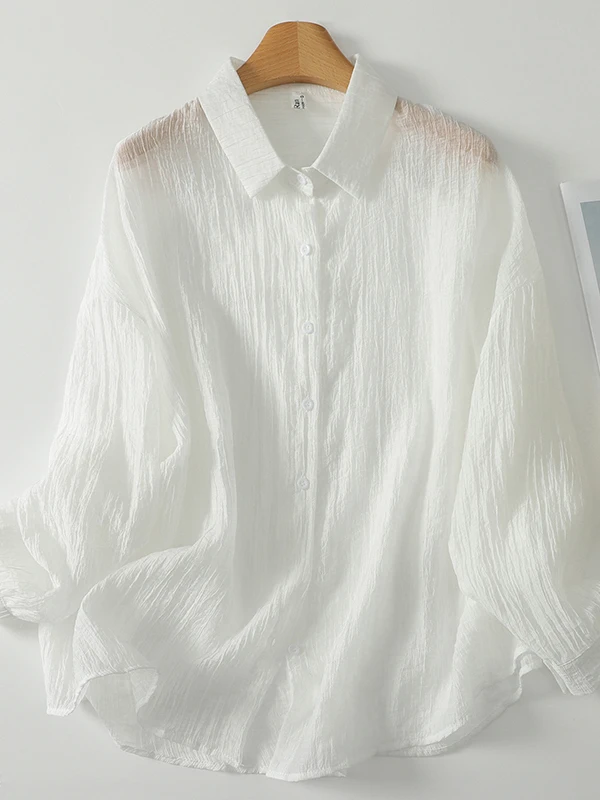 Elegant Casual Women's Shirt Breathable Sun Protection Long Sleeve Loose Fit Polyester Fiber Textured Mid-Length Shirt
