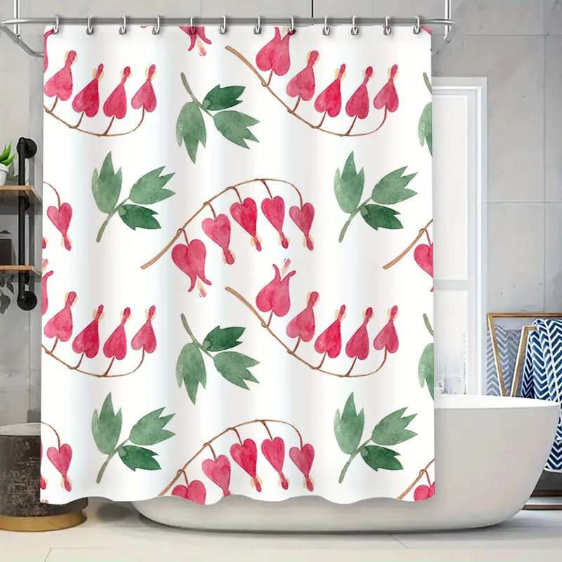 

Занавеска для душа с акварельным принтом и цветочным дизайном в виде красного сердца для декора ванной комнаты, водонепроницаемая ткань, простая установка, кольца в комплект