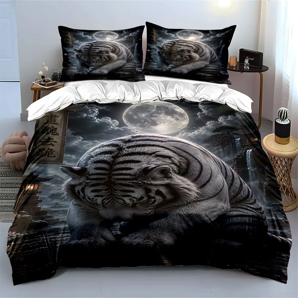White tiger bowing in moonlit temple Printed Duvet Cover Set 1 Duvet Cover+2 Pillowcase Multi Size Bedroom Bedding Decoration