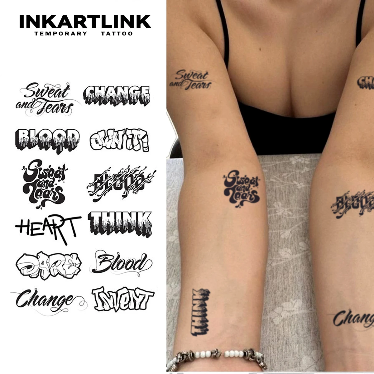 

INKARTLINK Fried Street English Temporary Tattoo Sticker Waterproof Lasting Street Graffiti/Handwritten Font/Attitude Slogan