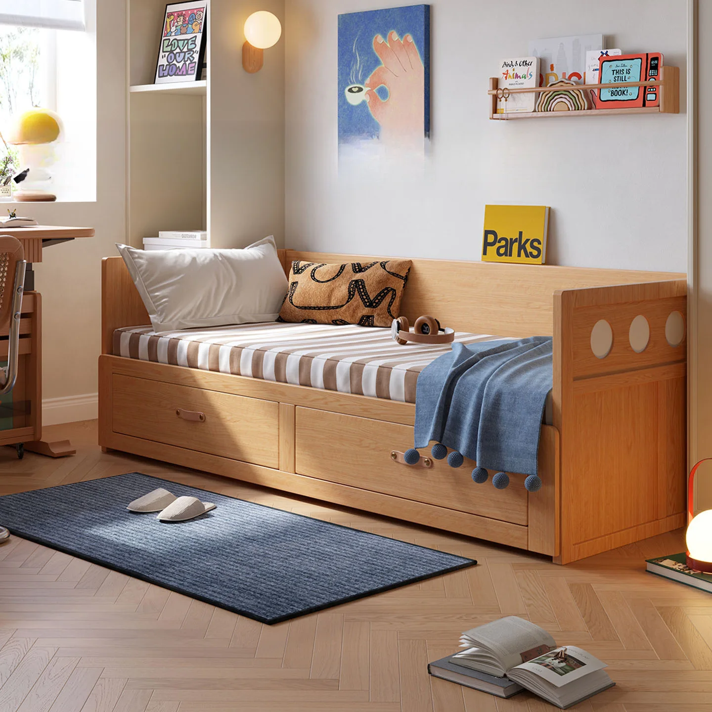 Sofa bed Multifunctional solid wood pull-out retractable storage bed Living room Sitting and lying dual-purpose push-pull bed