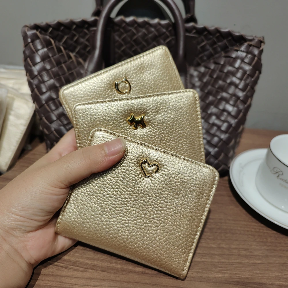 Luxury Gold Color Laminated Cow Leather Ladies Short Wallet ID Credit Card Holder Animal Deer Cat Dog Heart Button Women Purse