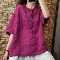 Womens Cotton Linen T-shirt Solid Color Short Sleeved Pocket Top Summer