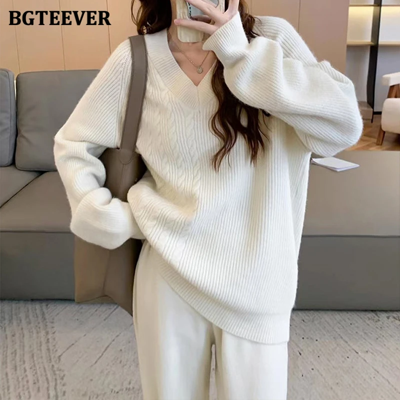 BGTEEVER Casual Warm Ladies Knitted Tracksuits V-neck Long Sleeve Sweaters Tops & High Waist Wide Leg Trousers Autumn Winter