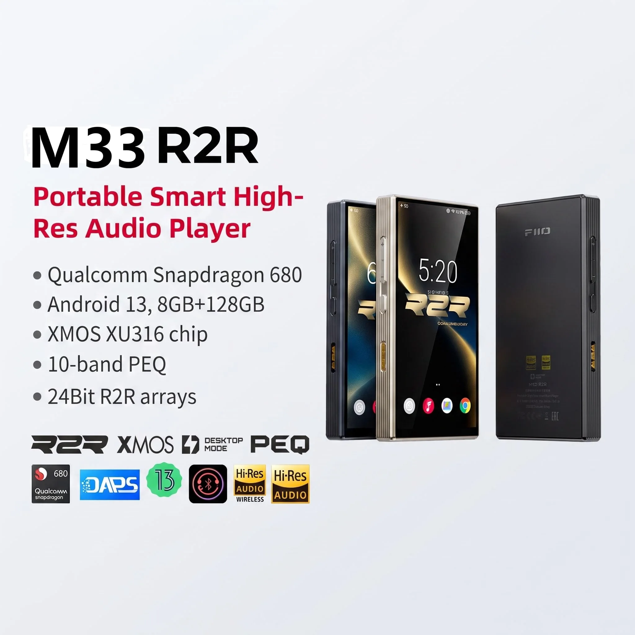 FiiO M33 R2R Digital Audio Player with True R2R DAC, Snapdragon 680, 8GB+128GB, HiFi MP3