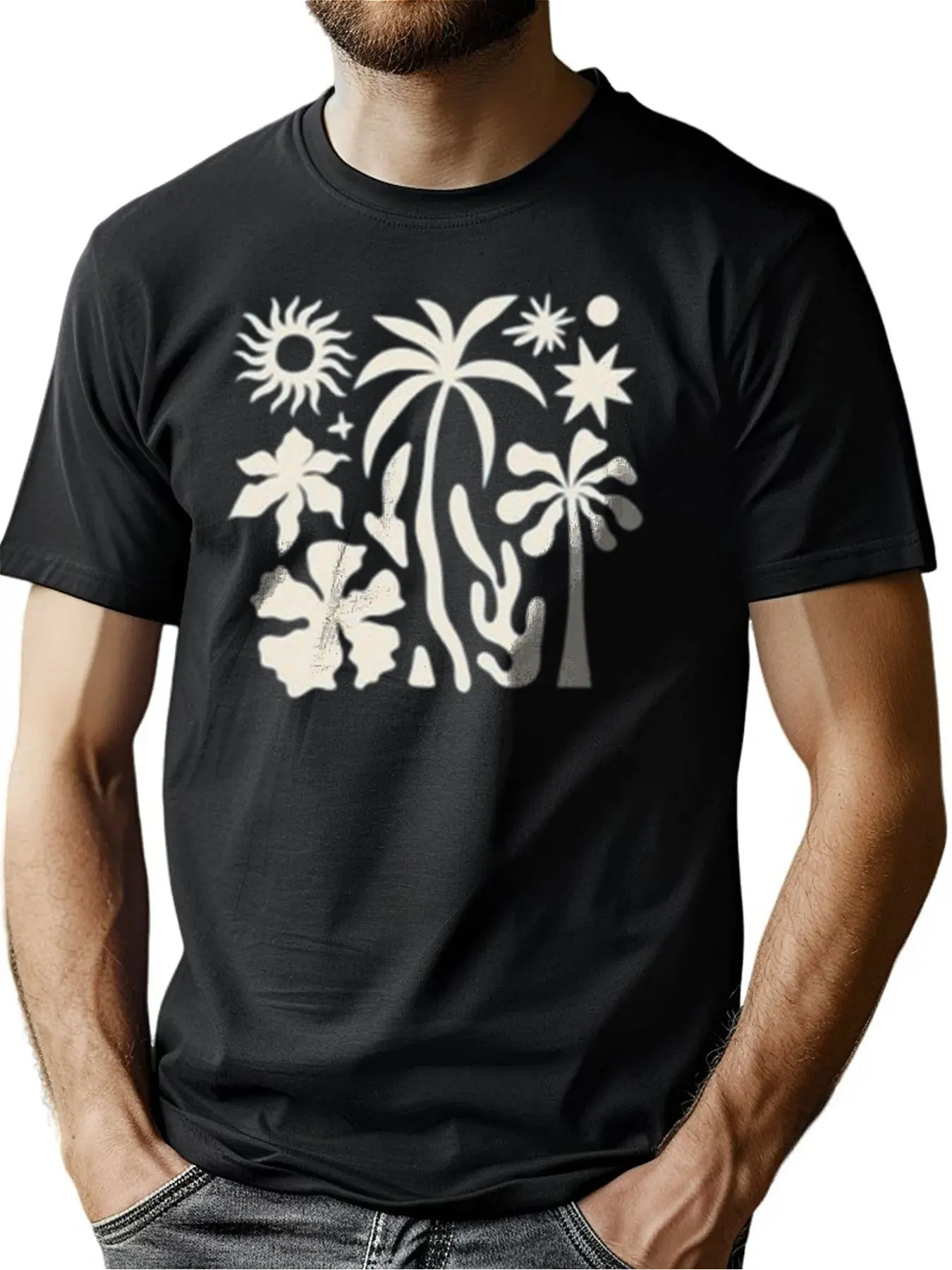 

Men's Premium Cotton Crew Neck Tee With Sun Palm Tree Floral Print, Soft Casual Shirt For Outdoor Activities, Christmas Gift Fo