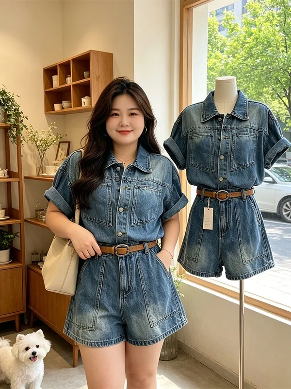 

High Waist Jeans Suit Women's Fashion Summer New Hong Kong Style Commute Slimming Versatile Set Loose Cut Short Sleeve