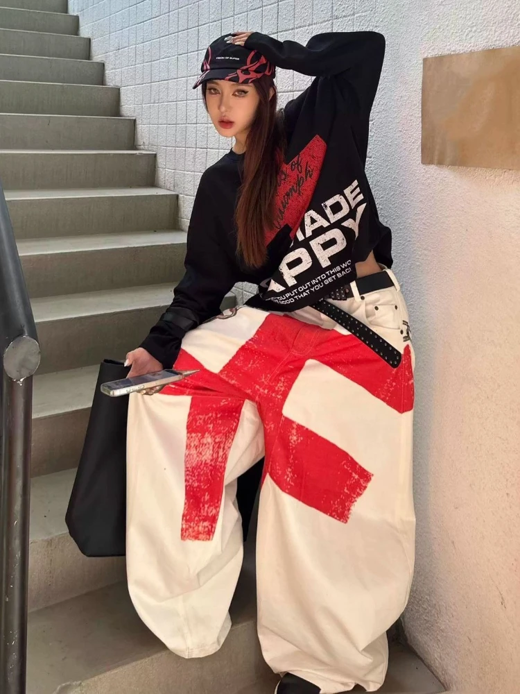 الأمريكية خمر كم طويل تي شيرت المتعثرة المرأة عادية طباعة الشرير نمط قمة الشارع الشهير ريترو الهيب هوب 2025 الخريف