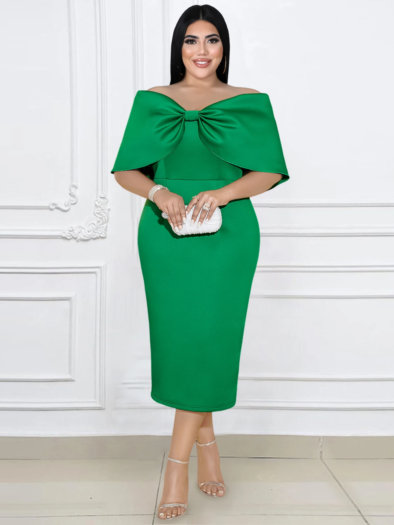 

Stylish Women Evening Party Dress Green Cape Off Shoulder Bow Slim Fit Cocktail Event Celebrate Prom Robe Birthday Plus Size 4XL