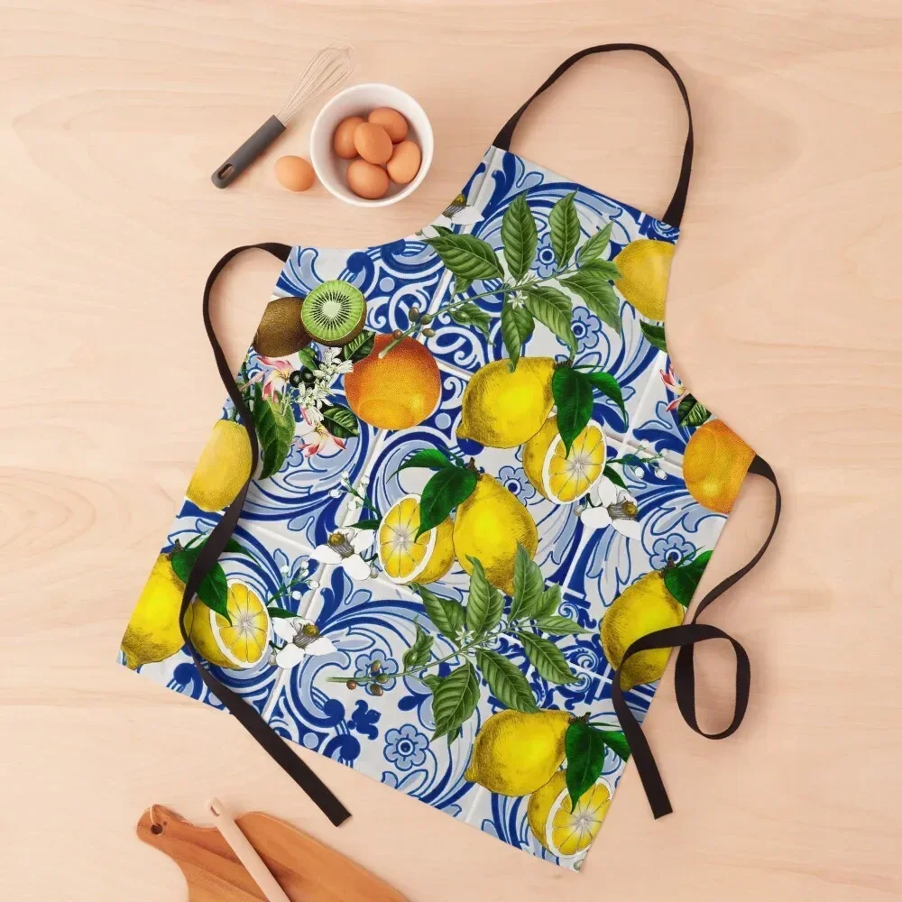 

Mediterranean Lemon on Blue Ceramic Tiles Apron Manicurists Women's Useful Things For Kitchen Kitchen And Household Goods Apron