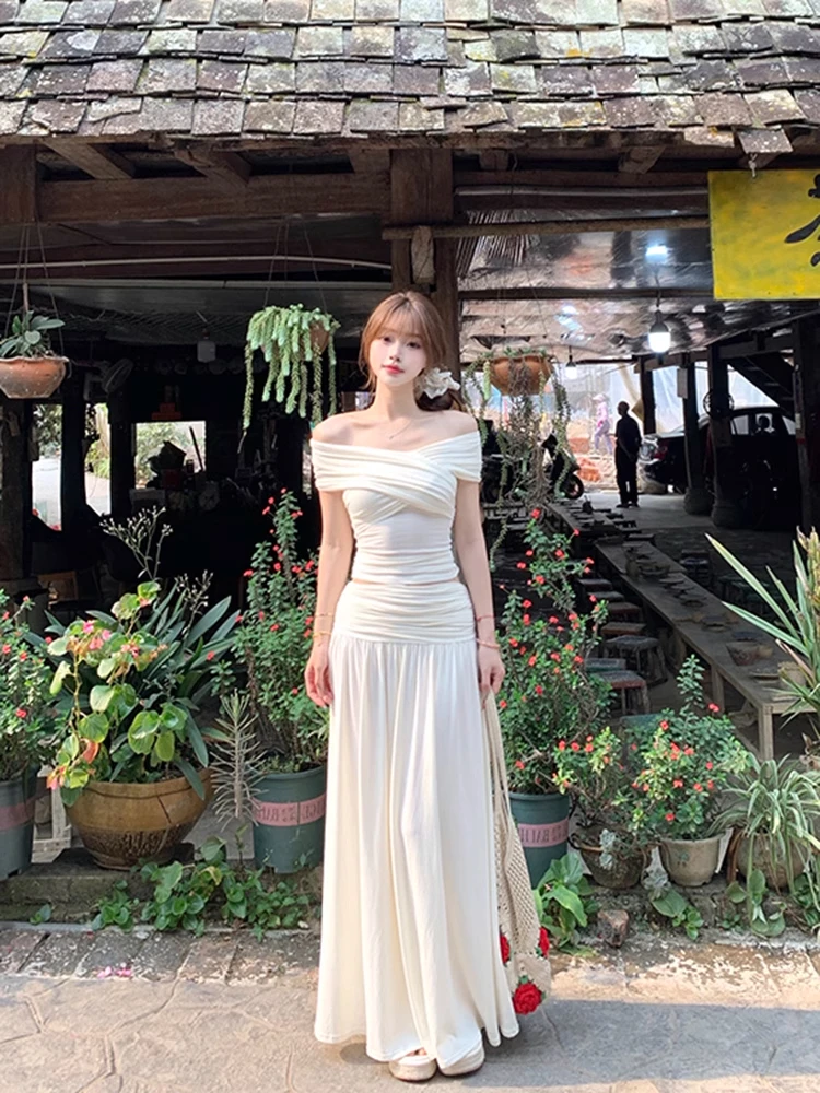 

Elegant Sexy Female Clothes Suit Women's Summer Stretch Off Shoulder Slim Top High Waist Pleated Long Skirt Two-piece Set