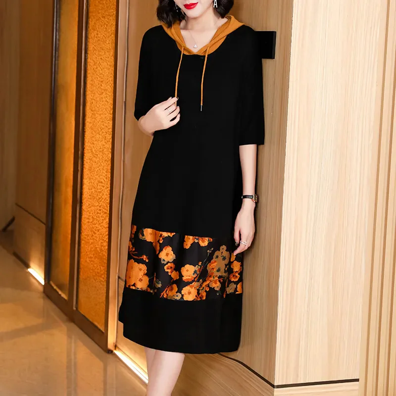 

Women's Ethnic Style Fashion Hoodie New Elastic Loose Versatile 2025 Splicing Western Style Mid Sleeve Dress Woman A-line Skirt