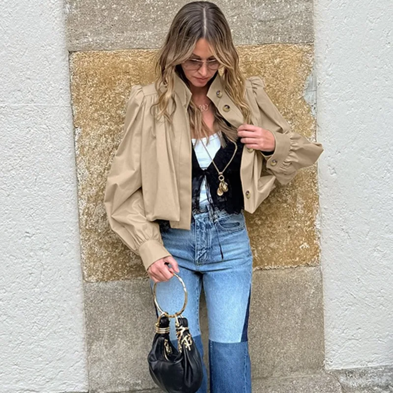 Talenza Women Autumn Shirt Jacket New Pleated Patchwork Loose Puff Sleeve Jackets Casual Streetwear Fashion Solid Female Coats