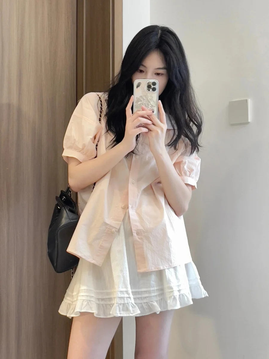 

Симпатичная корейская женская свободная блузка с короткими рукавами-фонариками, розовая, повседневная, универсальная, стройнящая, для лета, в студенческом стиле