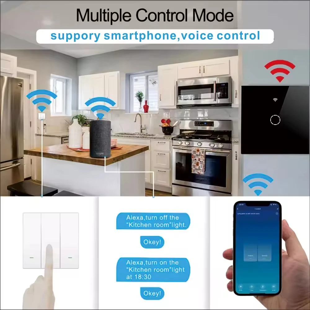สวิตช์ไฟติดผนังแบบสัมผัส Tuya Smart รุ่นทันสมัย 1-4 ช่อง รองรับ EU/UK ใช้งานร่วมกับ Alexa และ Google Home ได้อย่างปลอดภัย ไม่ต้องใช้สายกลาง สำหรับบ้านอัจฉริยะ