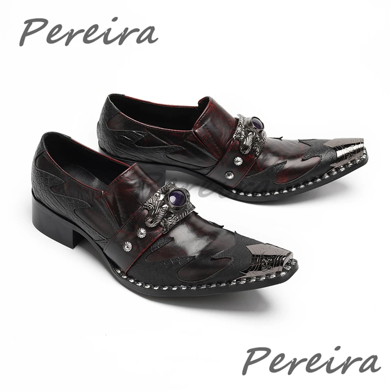 

Retro Mixed Colors Gentleman Dress Shoes Luxury Patchwork Metal Pointy Toe Rivets Buckle Wedding Party Genuine Leather Men Shoes