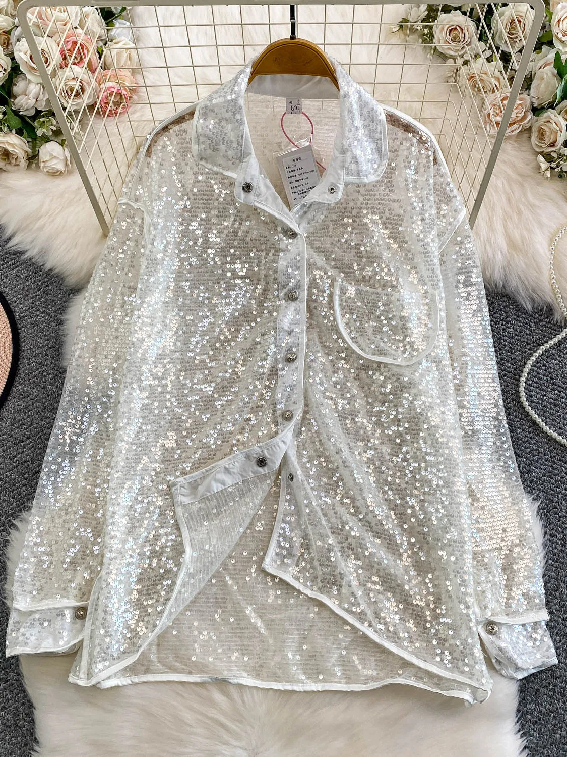 เสื้อคลุมกันแดดผู้หญิงทรงหลวมแบบมีกลิตเตอร์ แขนยาว โปร่งใส มองทะลุได้ คอตั้ง