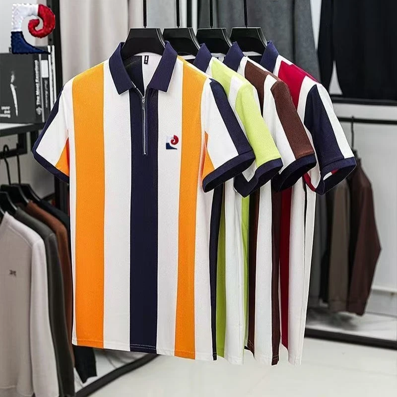 New men's high-quality striped knitted short sleeved polo shirt for summer fashion, casual