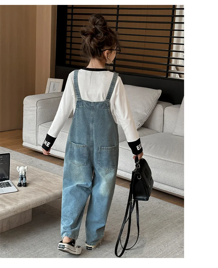 Frühlings- und Herbst-Kinder-Jumpsuit mit Tasche für Mädchen, Jeans-Latzhose, Kinder-Mädchen-Denim-Overalls für Teenager, Latzhose – Detail 3