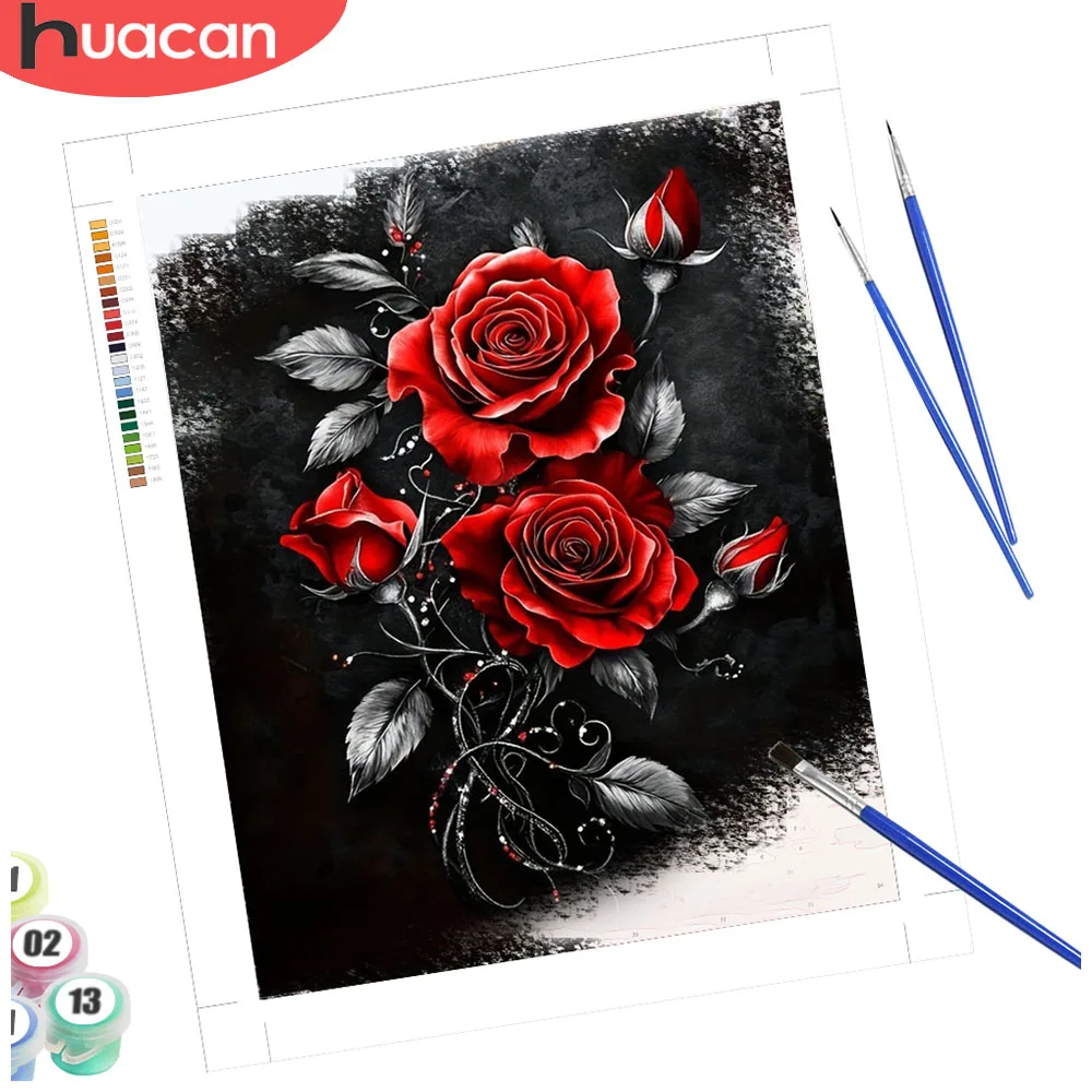 HUACAN Malen nach Zahlen, Rosenblüten-Zeichnung nach Zahlen, Blumen-Hobby, kreative Farbe, dekorative Gemälde, handgefertigt, Diy