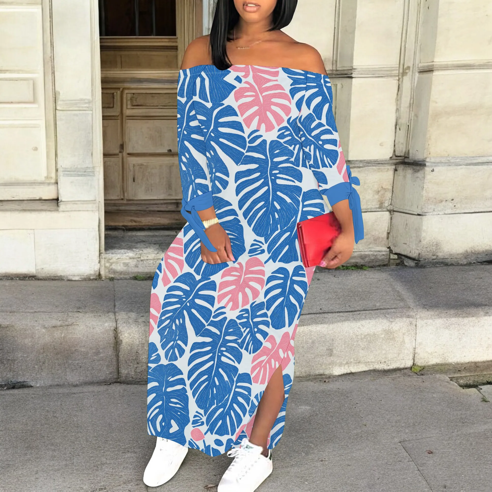 

Camo Print Off Shoulder Maxi Dress for Women Long Sleeve Casual Street Style Autumn Wear