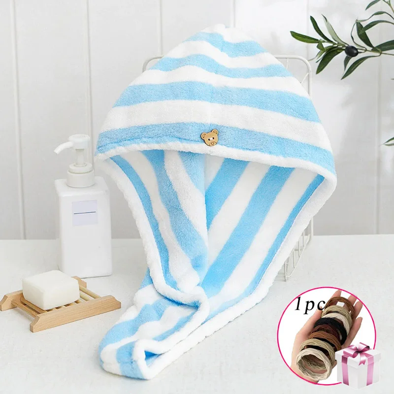 

Microfiber Hair Towel Wrap Thickened Coral Velvet Cationic Dry Hair Cap Water Absorption and Quick Drying Striped Bath Cap
