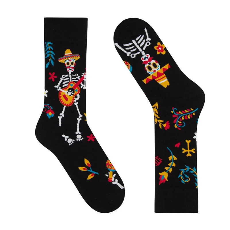 Coloridos calcetines de algodón para hombre y mujer, calcetín Unisex con diseño de calavera de azúcar, guitarra, Día de Muertos, Día de Muertos