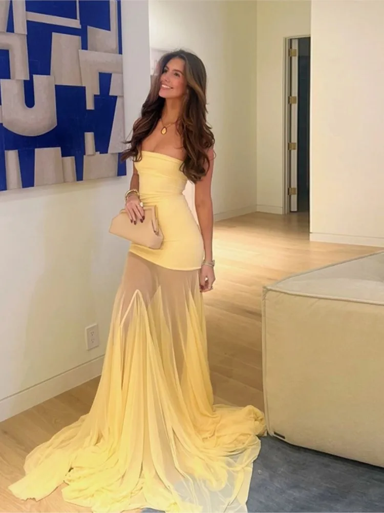 

2026 Evening Dress Dresses Woman Party Wedding Vestidos Temperament Elegant Sexy Slim Mesh Patchwork Solid Color Piglet Breast