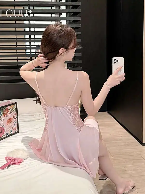 Sukienka z siateczki, koronkowymi kwiatami, haftem, seksowna, bez pleców, głęboki dekolt V, na ramiączkach, bez rękawów, urocza, elegancka, słodka, czysta, zmysłowa sukienka 9C9Z