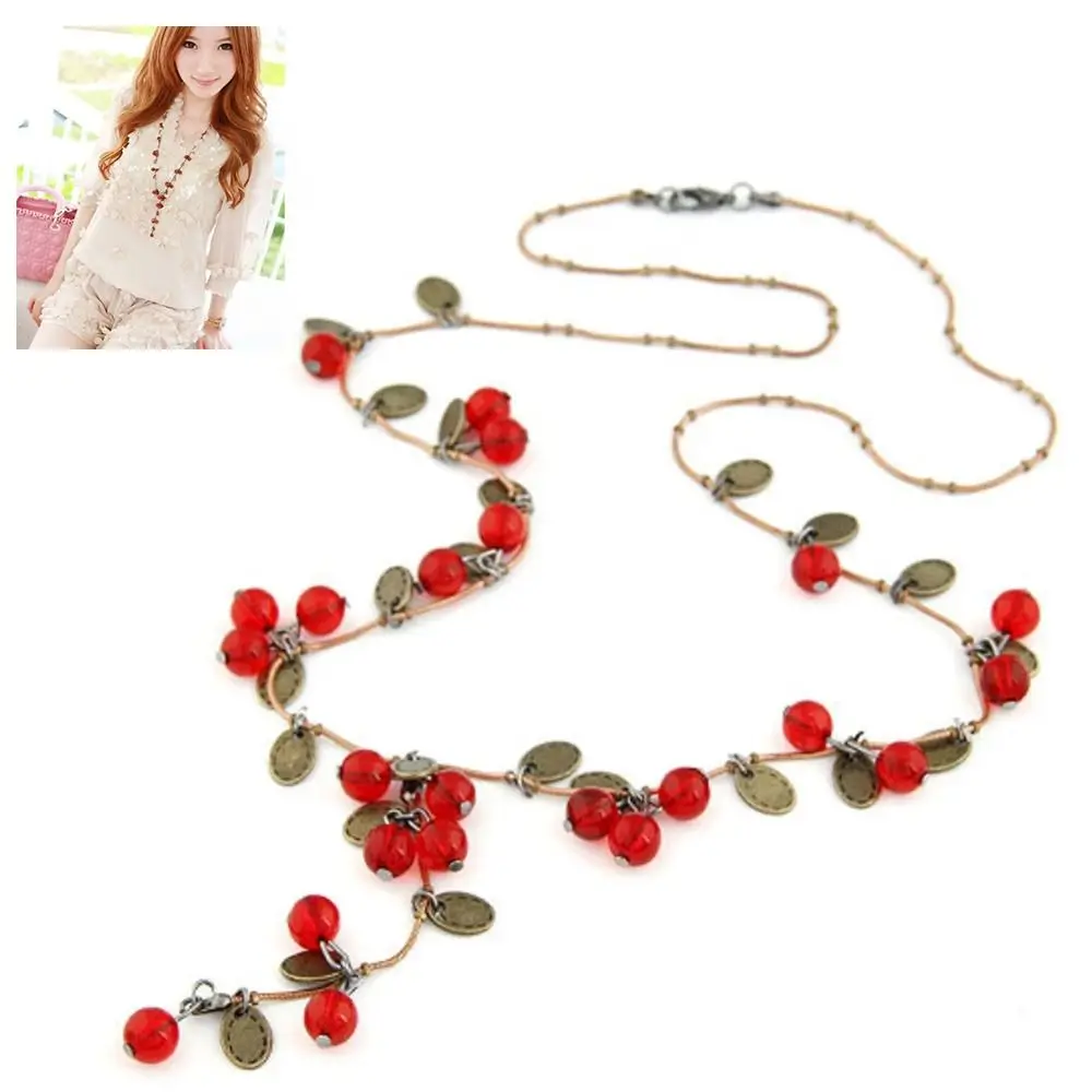 New Fashion Red Berries Necklace for Women Girls Retro Beautiful Sweater Chain Necklace Jewelry Decorations Accessories Gift