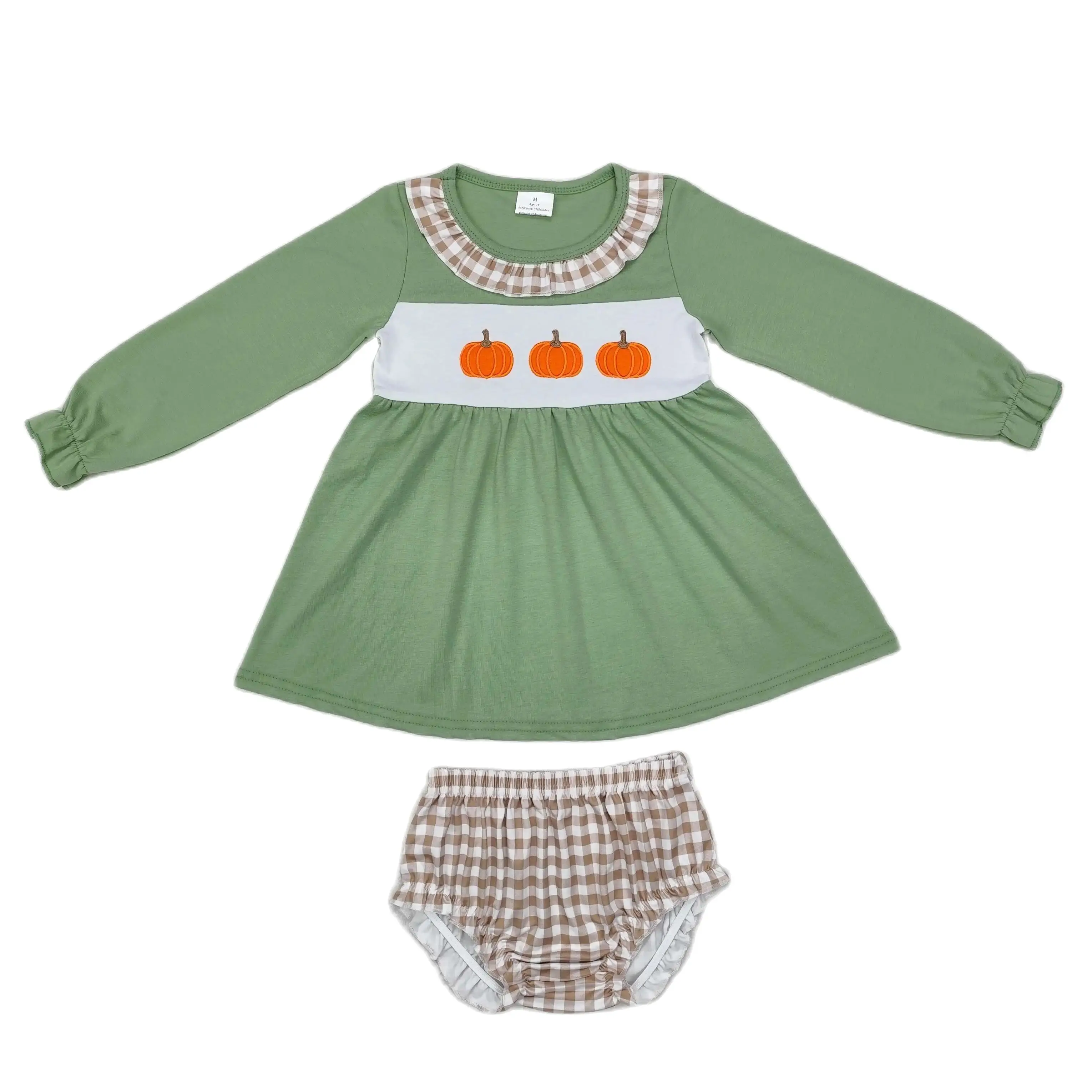 Wholesale Kid Infant Thanksgiving Outfit Children Embroidery Pumpkin Green Cotton Tops Bummie Plaid Shorts Baby Girl Toddler Set