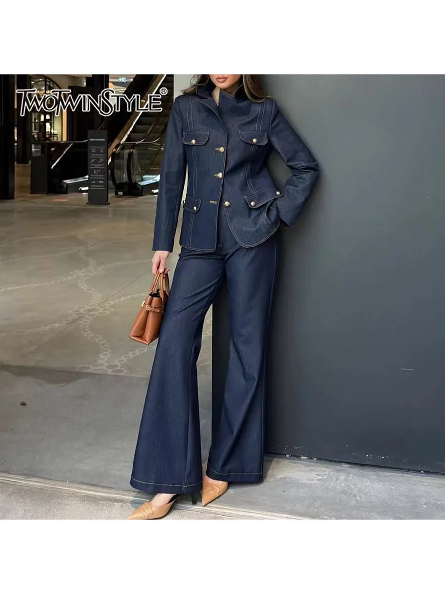 TWOTWINSTYLE Set Dua Potong Pelangsing untuk Wanita Kerah Lengan Panjang Sambungan Atasan Kancing Sebaris Celana Pinggang Tinggi Set Elegan Wanita