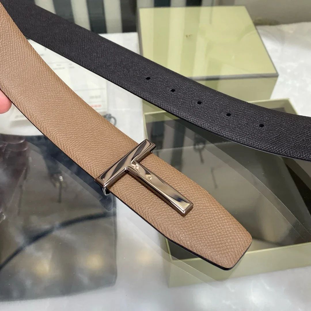 Top Luxury Designer Brand Brass T Buckle Belt Men High Quality Genuine Real Leather NEW Fashion Jeans Waistband Business Grey