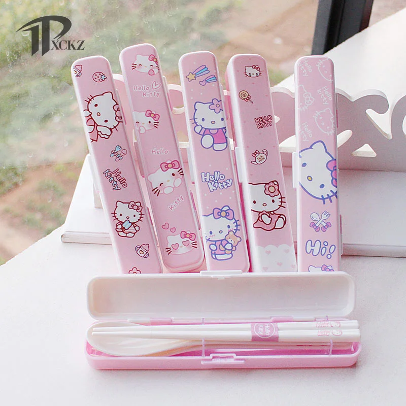 Cute Cartoon KT Cat Chopsticks Spoon Fork Kit Kawaii Hello Kitty Portable Resin Tableware With Box Student Dinnerware Set