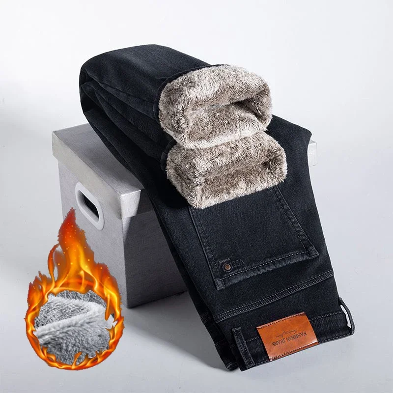 Winter Men Soft Comfortable Fleece Jeans Male Fashion Versatile Business Casual Denim Pants Classic Black Gray Brushed Trousers