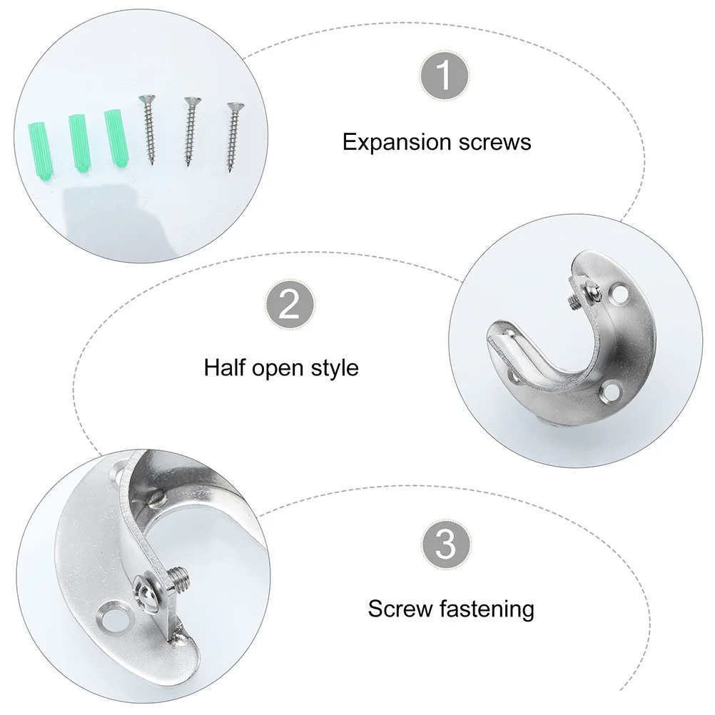 2pcs Stainless Steel Closet Rod Socket Half-Opening Design Side Screw Fixing Wide Application Wardrobe Pole Support Bracket