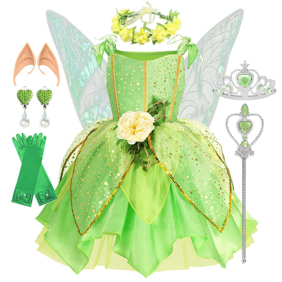 Girls Tinkerbell Fairy Dresses Up for Girls Costume Kids Halloween Cosplay Flower Fairy Princess Clothes Christmas Party Outfit