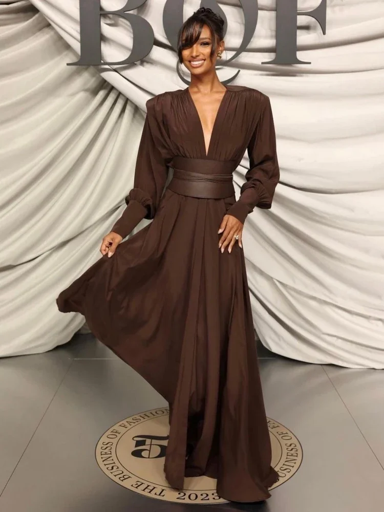 

Sexy V Neck High Waist Belt Long Dress Women Bown Long Sleeves Hundred Pleats Maxi Gowns Dresses Elegant Party Club Runway