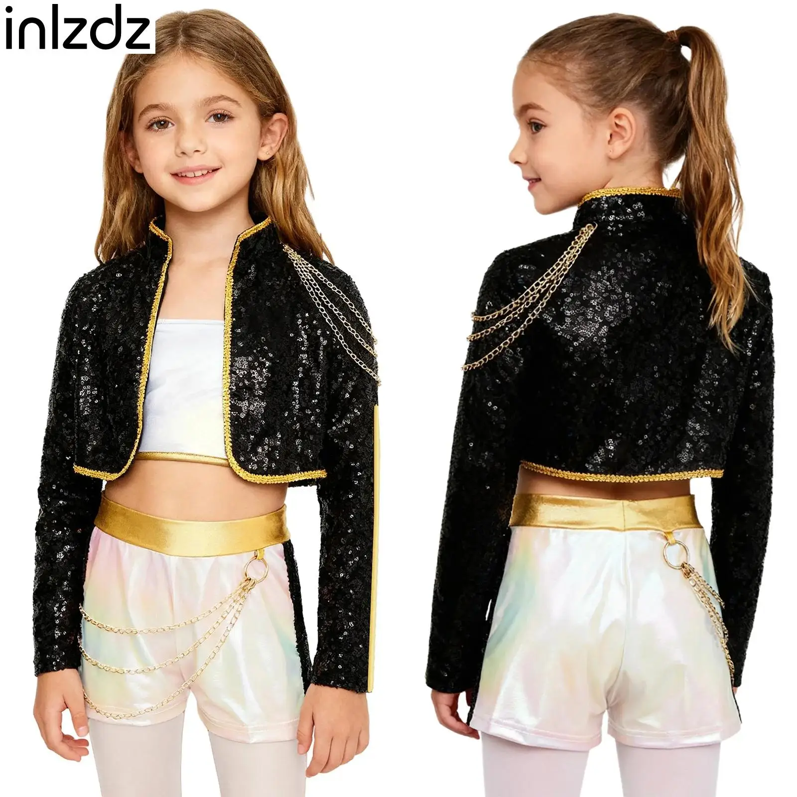 

Girls Demon Cosplay Singer Outfit Iridescent Gloss Crop Top+Sequins Outer Wear+Shorts 3-piece Set for Halloween Fancy Party