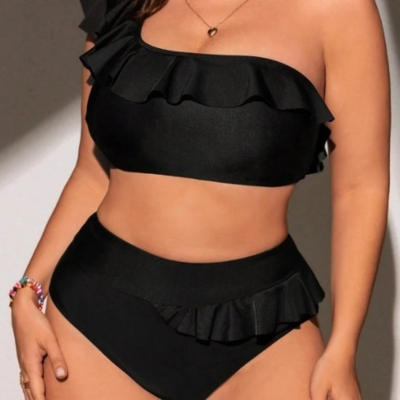 2026 Plus Size 2‑Piece Ruffled Bikini Set One Shoulder Frill Top High Waist Tummy Control Solid Black Swimwear For Women Beach