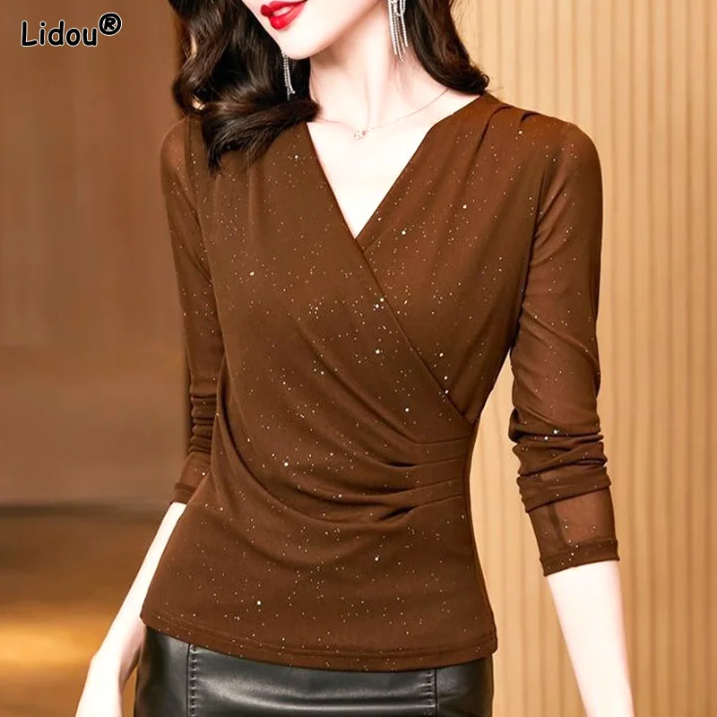 

Tops Elegant Fashion Casual Pullovers Skinny Bright Silk Solid T-Shirts V-neck Bottoming Pleated Women's Clothing Autumn Winter