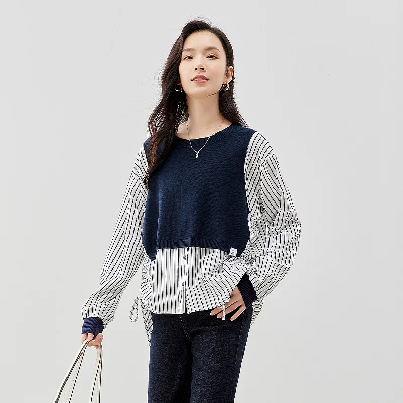 Toyouth Women Fake Two Piece Shirts 2023 Autumn Long Sleeves Round Neck Blouse Contrasting Stripes Side Drawstring Fashion Tops