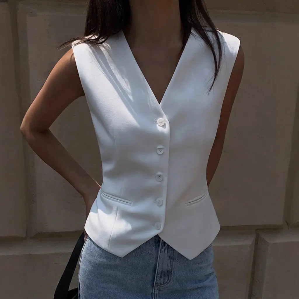 

Women's V-Neck Black Suit Vest Sleeveless Cardigan Top Retro Stacked Waistline Design Summer Autumn Outerwear