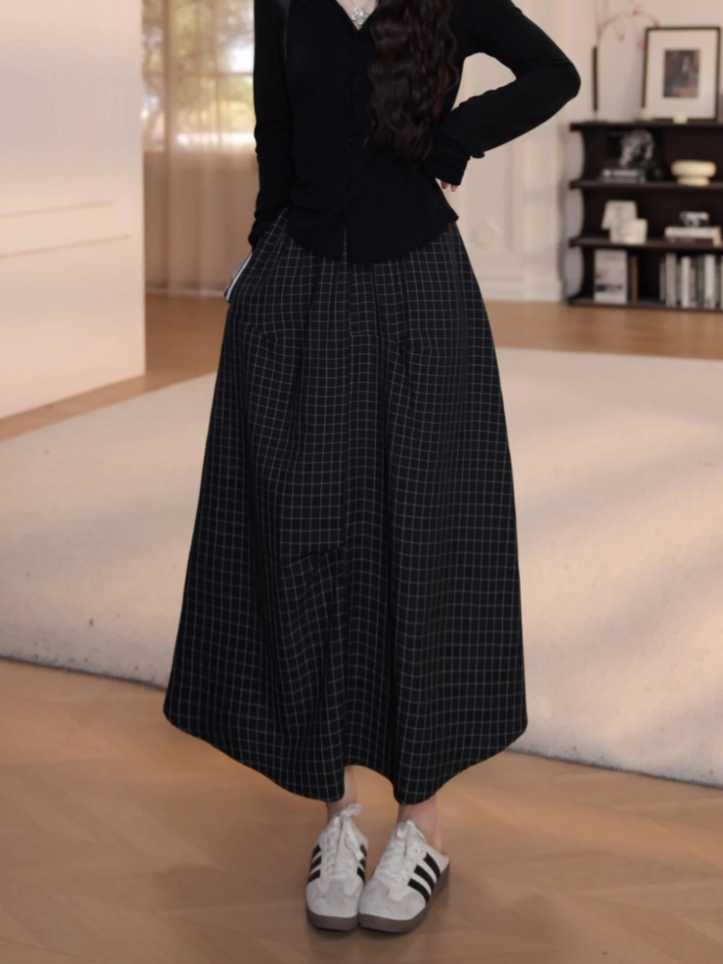 

New 2026 Korean Style Slimming Elastic Waist Plaid Asymmetrical Skirt High Waist Cotton Blend Casual A-Line Skirt