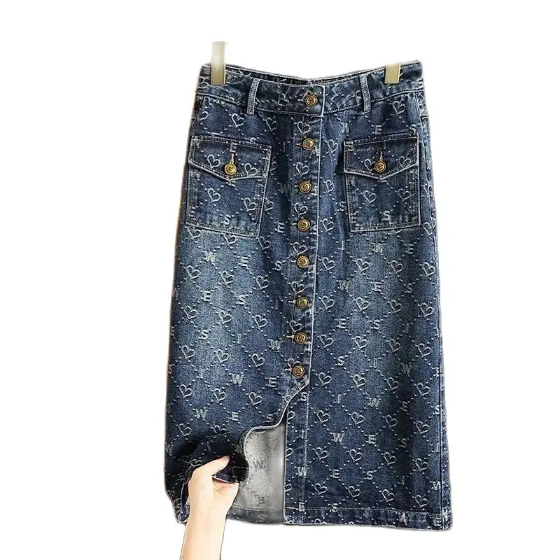 

Spring Autumn Denim Skirt Women 2024 New Fashion Loose Leisure A Word Skirt Button Pocket Printing Vintage 4XL Skirt Female