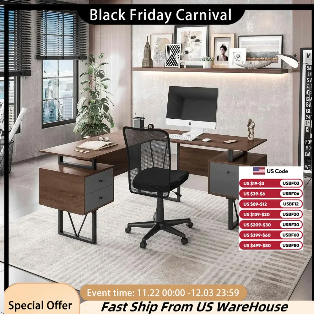 Reversible L Shaped Desk with File Cabinet and Drawers  – Modern Versatile L Shaped Office Desk with Drawers and File Cabinet