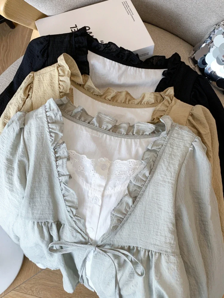 Korean Casual Sweet Fungus Lace Collar Women's Shirt Top Autumn New Women Fashion Fake Two-Piece Lace Up Long Sleeved Shirt