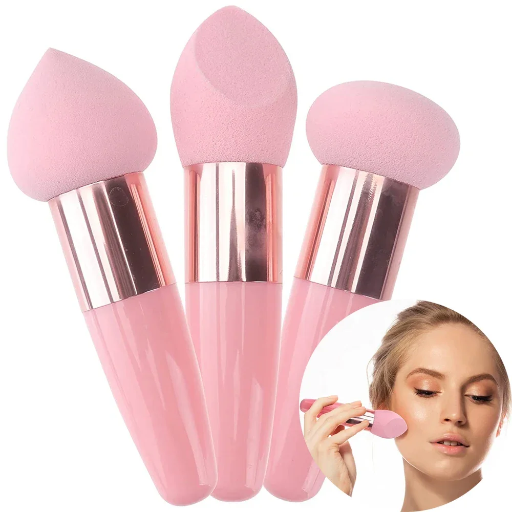 3 pièces femmes fond de teint poudre cosmétique bouffée champignon tête visage correcteur mélangeur pinceaux de maquillage avec poignée lisse outils de beauté