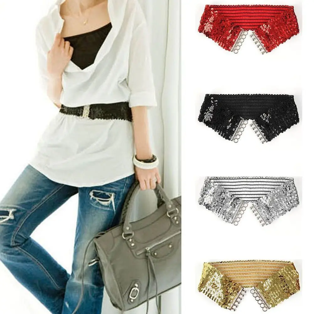 

Elastic Sequin Belly Stretch Wide Buckle Waistband Belt