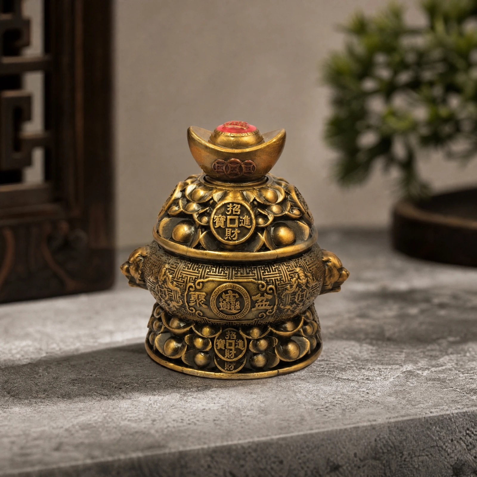 Antique Gold Tone Treasure Basin Ornament Compact Feng Shui Decorative Vessel for Shelves Desk Side Table Display